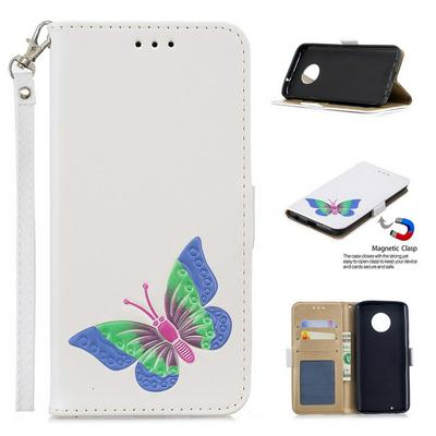 Wrist Strap Colored Painted Butterfly Pattern Wallet Card Holder Stand Support Picture Frame PU Leather + TPU Phone Case for Motorola Moto G6 