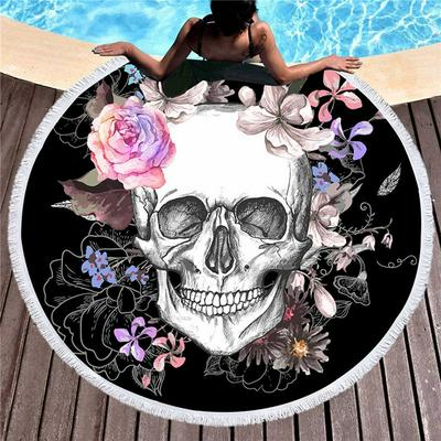 150x150cm Skull Pattern Round Superfine Fiber Beach Towel Blanket Mat with Fringe Tassels for Beach Yoga Swimming Bathing Picnic 