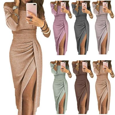 Spring Dress Women Sexy Club Shiny Slit Push Slash Neck Party Translucent Long Dress