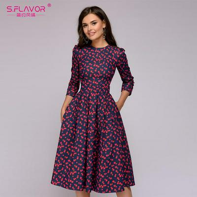 M-2XL Size Autumn Women Elegant Vintage Printing Party Three Quarter Sleeve O-Neck A-Line Dress 
