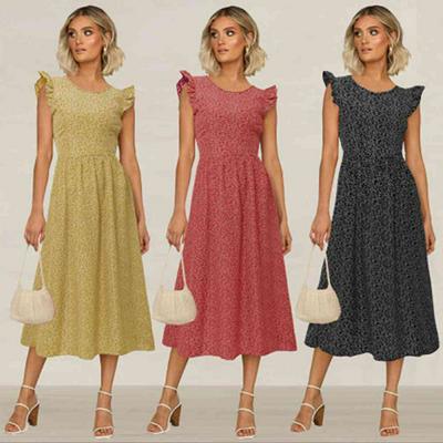 Bohemian Small Broken Flower Wood Ear Edge Small Flying Sleeves A Pendulum High Waist Mid-length Dress