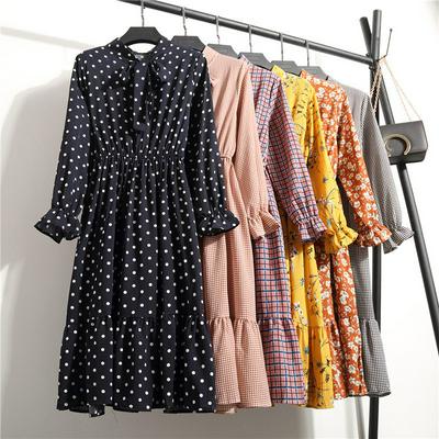 L/XL Size Spring Autumn Chiffon Print Casual Cute Women Floral Long Bow-Knot Long Sleeve Dress