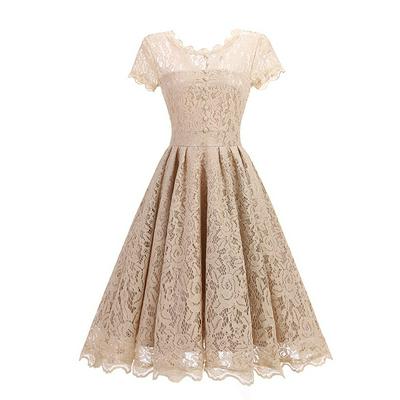 Retro Women Slim Waist Lace Round-collar Dress Splicing Big Swing Ball Gown Skirt