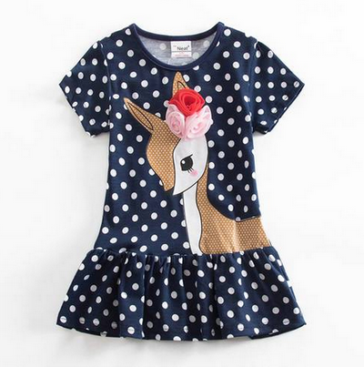 SH6496 Summer Fawn Print Flower Cute Polka Dot Children Girls Short Sleeve O-Neck Dress