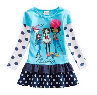 Girl Dress Long-Sleeved Wave Dress Point Printing Cotton Dress LH6495 Long Sleeve Princess Dress