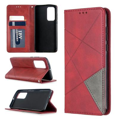 Rhombus Pattern Anti-Fall Side Flip PU Leather + Soft TPU Picture Frame Stand with Magnetic Closure and Card Slot Wallet Case for Huawei P40
