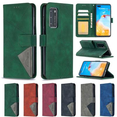 BF05 Style Stitching Color Rhombus Pattern PU Leather + Soft TPU Mganetic Buckle Card Slots with Magnetic Buckle and Stand Wallet Case for Huawei P40 