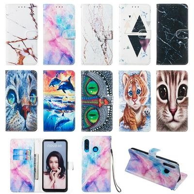 Colored Cat Tiger Owl Dolphin Pattern PU Leather + Soft TPU Card Slots with Stand Wallet Protective Case for Huawei P30 Lite