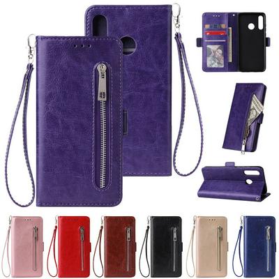 Leather Wallet Case for HUAWEI P30 lite, Plain Zipper Phone Cover with Wrist Strap