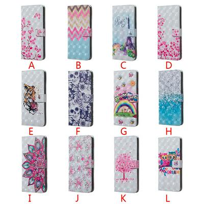 3D Pattern Rainbow Owl Tiger Skull Tree Blossom PU Leather + Soft TPU Back Cover Case with Photo Slot Card Holder Wallet and Stand for Huawei P30 Lite