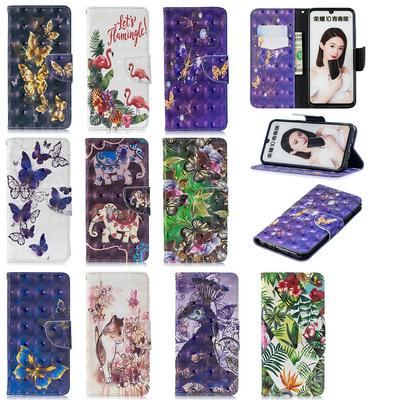 3D Bright Colored Painting PU Leather + Soft TPU Wrist Strap with Wallet Stand and Card Holder Slots Protective Cover Case for Huawei P Smart (2019) 