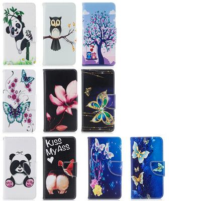 Lotus Owl Panda Butterfly Color Painting Wrist Strap PU Leather + Soft TPU Card Slots with Stand and Magnetic Buckle Case for Huawei P Smart (2019)