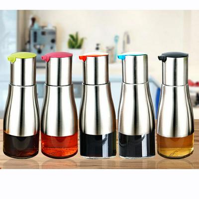 Leak-Proof Food Grade 304 Stainless Steel Glass Quantitative Sauce Vinegar Olive Oil Sauces Control Storage Bottle Pot Cooking Kitchen Tool
