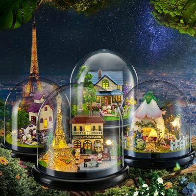 Miniature Wooden Dollhouse Kit with Led Light and Glass Dome