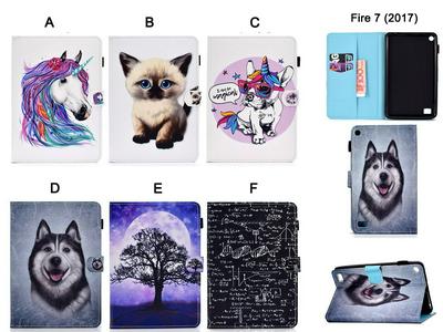 Wallet Case for Amazon Fire 7 2017, Printed Leather Cover with Reinforced Stitching and Hidden Kickstand