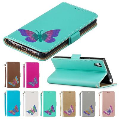 Wrist Strap Colored Painted Butterfly Pattern Wallet Card Holder Stand Support Picture Frame PU Leather + TPU Phone Case for  Sony Xperia XA1 Plus