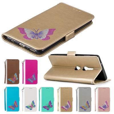 Wrist Strap Colored Painted Butterfly Pattern Wallet Card Holder Stand Support Picture Frame PU Leather + TPU Phone Case for  Sony Xperia XZ2 