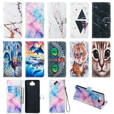 Colored Cat Tiger Owl Dolphin Pattern PU Leather + Soft TPU Card Slots with Stand Wallet Protective Case for Sony Xperia 10 / XA3