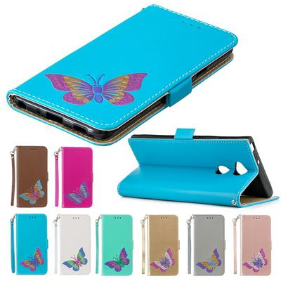 Wrist Strap Colored Painted Butterfly Pattern Wallet Card Holder Stand Support Picture Frame PU Leather + TPU Phone Case for Sony Xperia XA2 Ultra