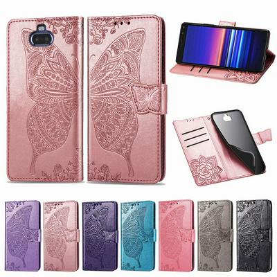 Embossed Butterfly Flower Pattern PU Leather + Soft TPU Card Slots with Stand Support Protective Cover Case for Sony Xperia 8