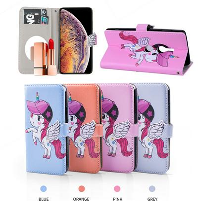 Pegasus Unicorn Pattern with Makeup Mirror PU Leather + Soft TPU with Stand Support and Card Holder and Wallet Slots Protective Case for Sony Xperia XZ3