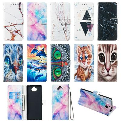 Colored Cat Tiger Owl Dolphin Pattern PU Leather + Soft TPU Card Slots with Stand Wallet Protective Case for Sony Xperia XA3 Ultra 
