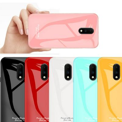 Glossy Macaron Solid Color Shockproof Tempered Glass Back Cover Case for OnePlus 7