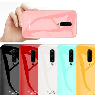 Glossy Macaron Solid Color Shockproof Tempered Glass Back Cover Case for OnePlus 7 Pro 