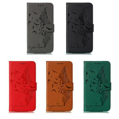 Feather-printed Wallet Case for OnePlus 7 Pro, Litchi-textured Leather Phone Cover with Hidden Kickstand