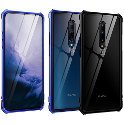 Ultra Slim Shockproof Anti-Scratch Tempered Glass Back + Metal Frame Back Cover Case for OnePlus 7 Pro