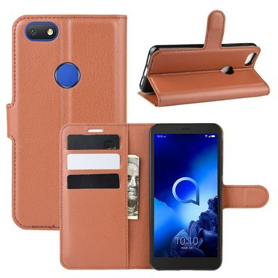 Lichee Pattern Side Flip Wallet Style PU Leather + Soft TPU Card Holder with Stand and Magnetic Buckle Case for Alcatel 1v (2019)