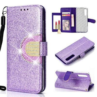 Glitter Powder Diamond Studded Wrist Strap PU Leather + TPU with Mirror Picture Frame Card Slots and Wallet Protective Case for Huawei P30