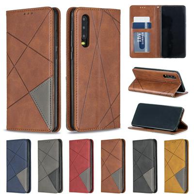 HUAWEI P30 PU+TPU Clamshell Phone Case Geometric Mosaic Pattern Retro Simple Solid Color Style Leather Phone Case for HUAWEI P30 Phone Case