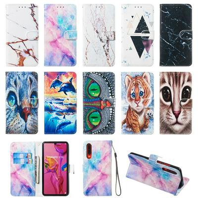 Colored Cat Tiger Owl Dolphin Pattern PU Leather + Soft TPU Card Slots with Stand Wallet Protective Case for Huawei P30 