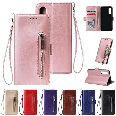 Leather Wallet Case for HUAWEI Honor P30, Plain Zipper Phone Cover with Wrist Strap