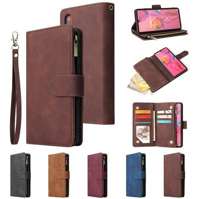 Solid Color Wrist Strap Style Shockproof Side Flip PU Leather + Soft TPU Double Layer Multi-Card Slots Picture Frame with Magnetic Buckle and Stand Zipper Wallet Case for Huawei P30