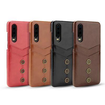 Case for Huawei P30, Leather Card Holder Phone Cover with Bronze Buttons on the Back
