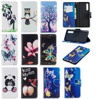 Lotus Owl Panda Butterfly Color Painting Wrist Strap PU Leather + Soft TPU Card Slots with Stand and Magnetic Buckle Case for Huawei P30