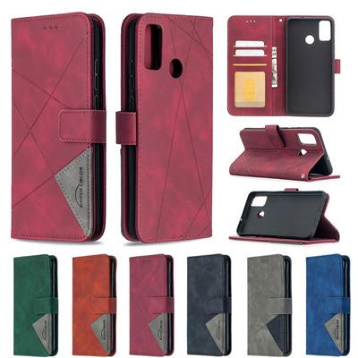 BF05 Style Stitching Color Rhombus Pattern PU Leather + Soft TPU Mganetic Buckle Card Slots with Magnetic Buckle and Stand Wallet Case for Huawei Honor 9X Lite