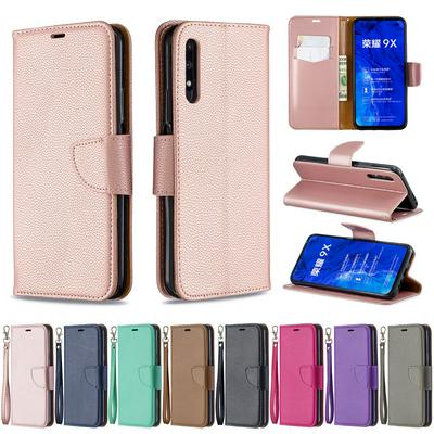 Wallet Case for HUAWEI Honor 9X, Plain Litchi-textured Leather Phone Case with Card Slots and Hidden Kickstand