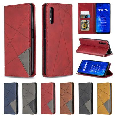 Wallet Case for HUAWEI Honor 9X, Geometric Splicing Leather Phone Cover with Hidden Kickstand