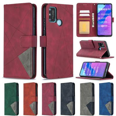 BF05 Style Stitching Color Rhombus Pattern PU Leather + Soft TPU Mganetic Buckle Card Slots with Magnetic Buckle and Stand Wallet Case for Huawei Honor 9A