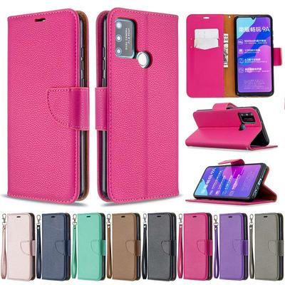 Solid Color Lychee Pattern All-round Protection PU Leather Phone Protective Case with Lanyard&Stand for HUAWEI Honor 9A