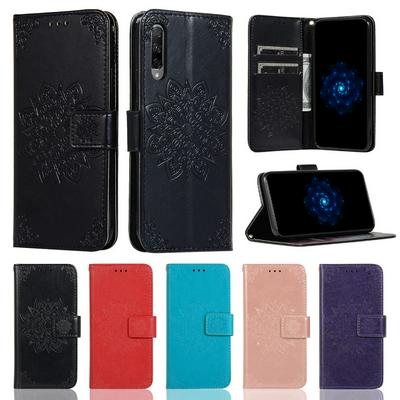 Embossed Wallet Case for HUAWEI Honor 9X Pro, Plain Leather Coated Phone Cover with Hidden Kickstand and Lanyard