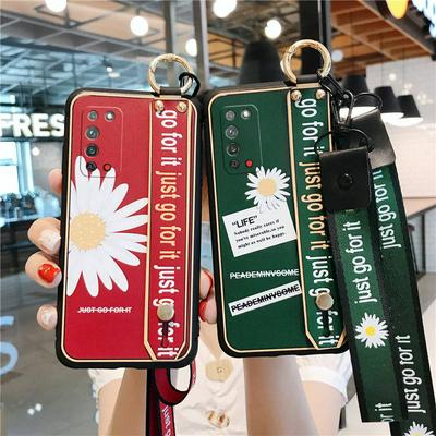 Embossed Cloth Chrysanthemum Pattern with Kickstand and Detachable Cross Body Strap Shockproof Soft TPU Back Cover Case for Huawei Honor X10 5G