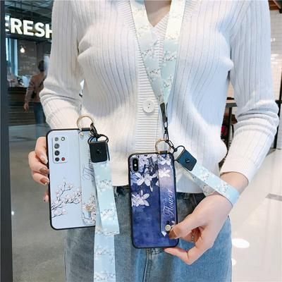 Embossed Cloth Pattern with Kickstand and Detachable Wrist Strap Lanyard Shockproof Soft TPU Back Cover Case for Huawei Honor X10 5G