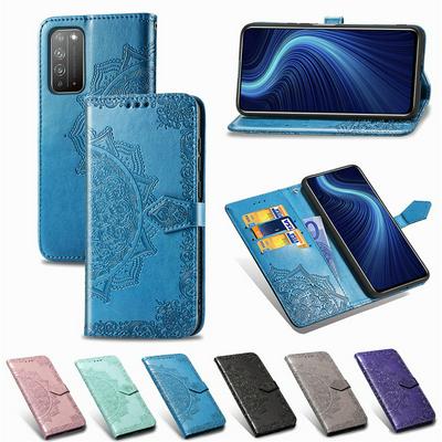 Relief Mandala Pattern Three Card Series Shockproof PU Leather +TPU Wallet Phone Case with Lanyard for HUAWEI Honor X10 5G