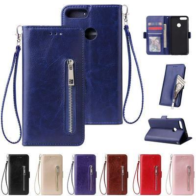 Leather Wallet Case for HUAWEI P smart, Plain Zipper Phone Cover with Wrist Strap