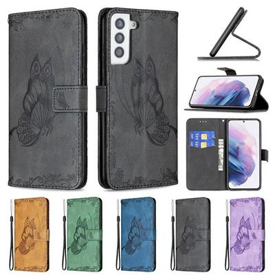 For Samsung Galaxy S21+ 5G Embossed Flying Butterflies Scratch Resistant Wallet Leather Case with Wrist Strap