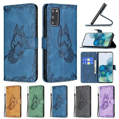 For Samsung Galaxy S20 Embossed Flying Butterflies Scratch Resistant Wallet Leather Case with Wrist Strap